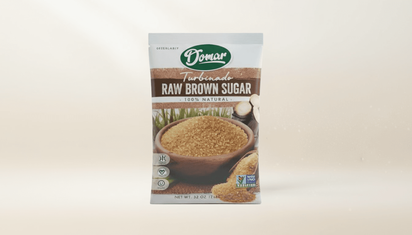 Golden turbinated raw sugar crystals